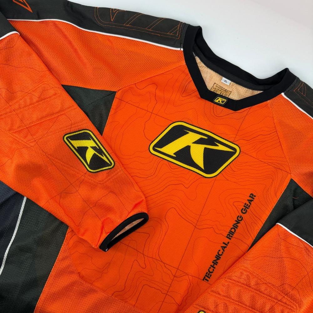 Klim Motocross Riding Jersey Mens XL Orange Black Mesh Topographic Print Bike